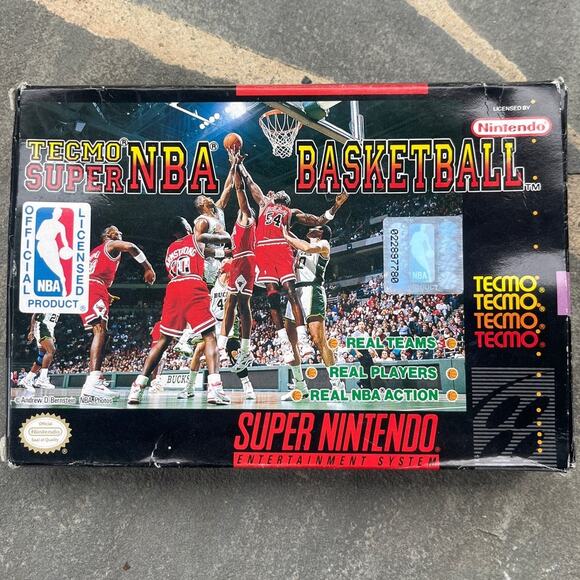 SNES 1993 Super Nintendo Tecmo Super NBA Basketball with Box and Manual - Picture 1 of 11